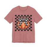 Pumpkin Checkered Coquette Bow Fall T-Shirt - Cute Autumn Graphic Tee - Trendy Fall Fashion for Pumpkin Lovers