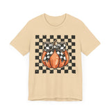 Pumpkin Checkered Coquette Bow Fall T-Shirt - Cute Autumn Graphic Tee - Trendy Fall Fashion for Pumpkin Lovers