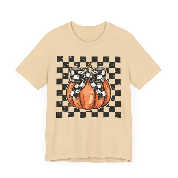 Pumpkin Checkered Coquette Bow Fall T-Shirt - Cute Autumn Graphic Tee - Trendy Fall Fashion for Pumpkin Lovers