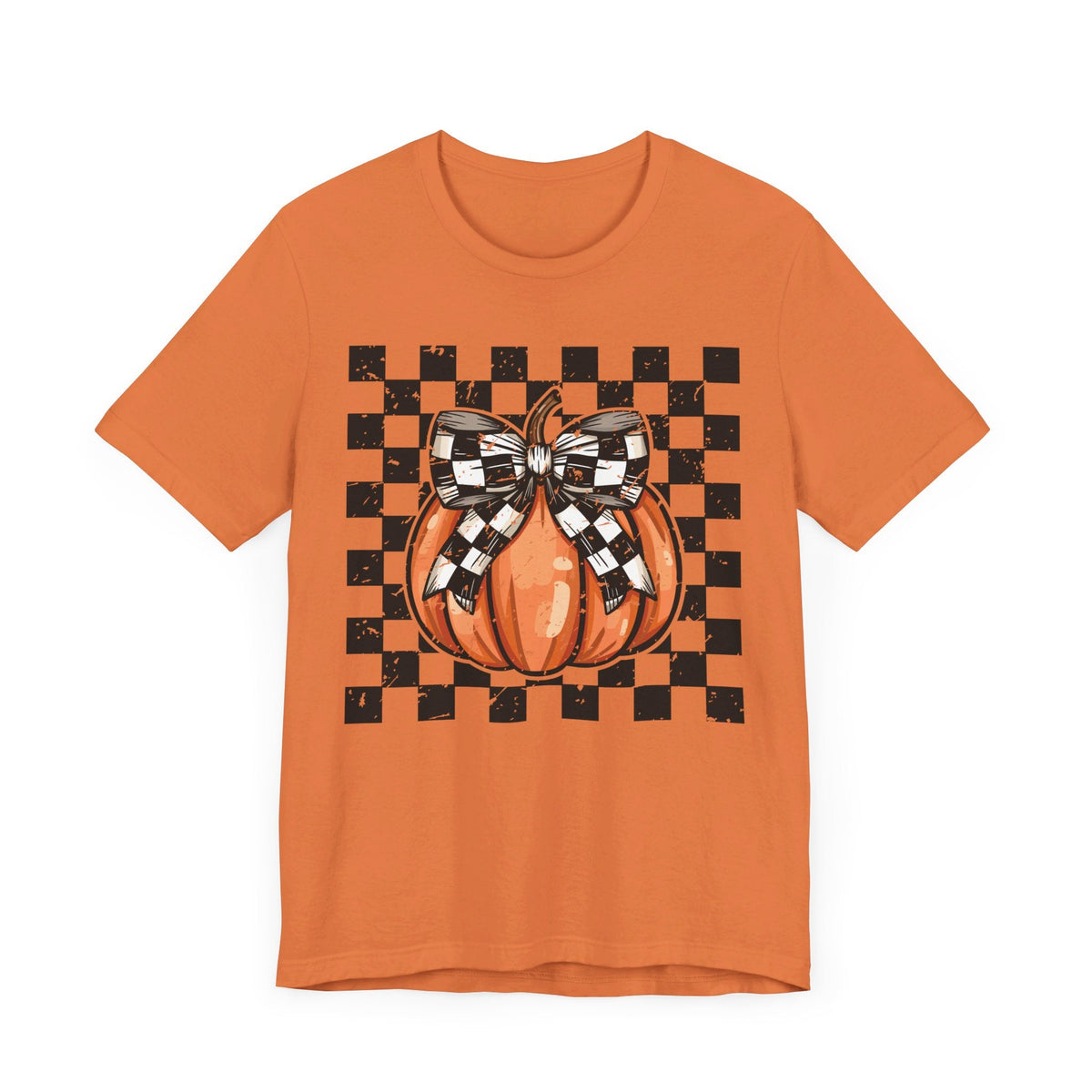 Pumpkin Checkered Coquette Bow Fall T-Shirt - Cute Autumn Graphic Tee - Trendy Fall Fashion for Pumpkin Lovers