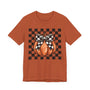 Pumpkin Checkered Coquette Bow Fall T-Shirt - Cute Autumn Graphic Tee - Trendy Fall Fashion for Pumpkin Lovers