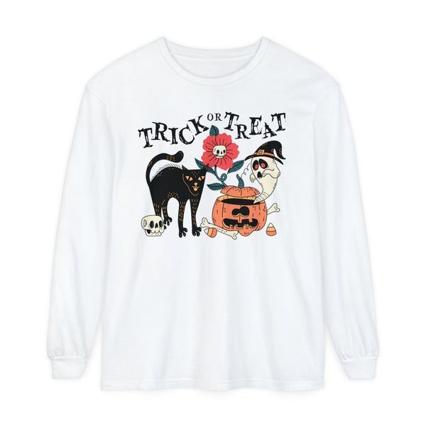 Pumpkin Ghost Cat Halloween Long Sleeve T-Shirt - Spooky Flower & Jack-o'-Lantern Graphic Tee