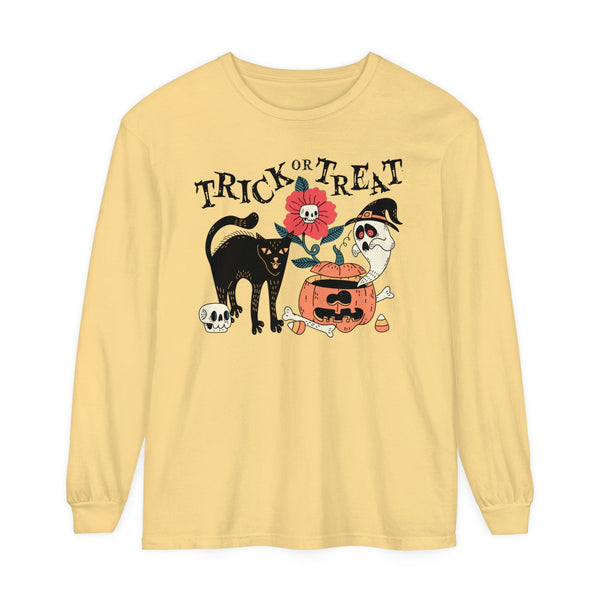 Pumpkin Ghost Cat Halloween Long Sleeve T-Shirt - Spooky Flower & Jack-o'-Lantern Graphic Tee