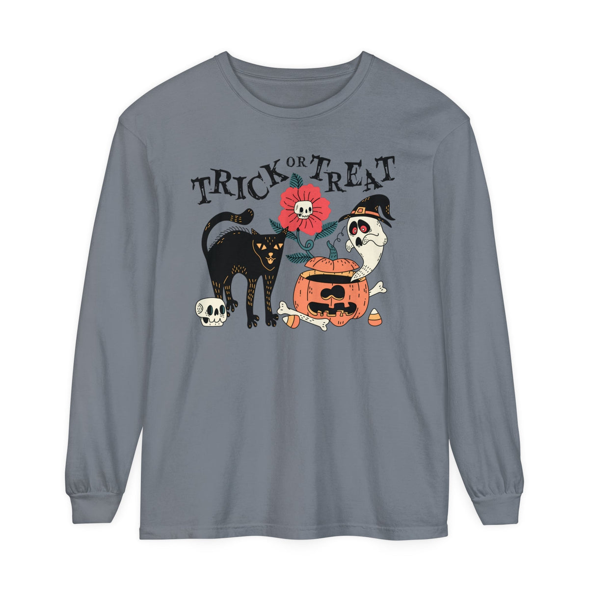 Pumpkin Ghost Cat Halloween Long Sleeve T-Shirt - Spooky Flower & Jack-o'-Lantern Graphic Tee