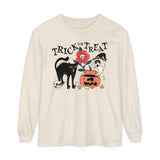 Pumpkin Ghost Cat Halloween Long Sleeve T-Shirt - Spooky Flower & Jack-o'-Lantern Graphic Tee