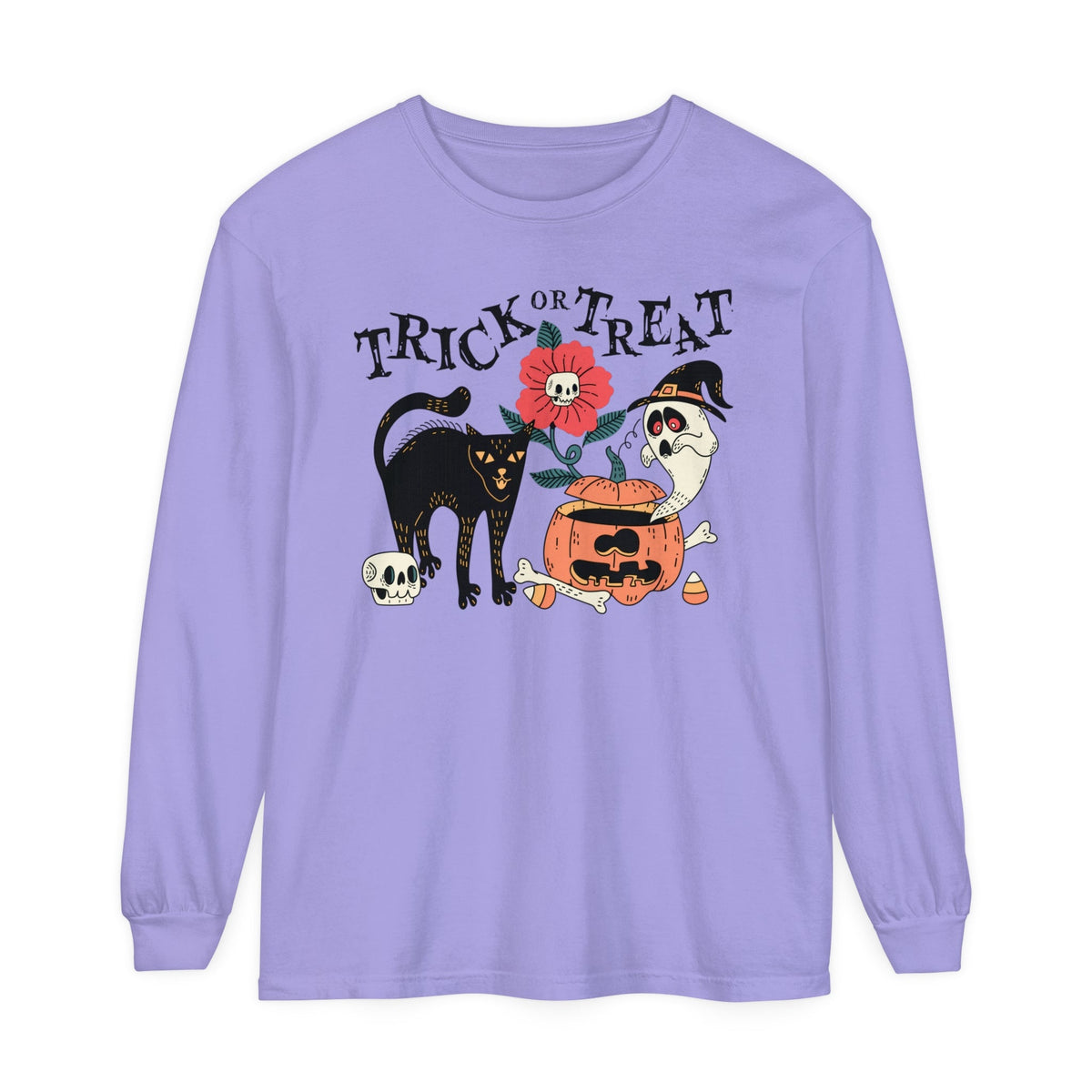 Pumpkin Ghost Cat Halloween Long Sleeve T-Shirt - Spooky Flower & Jack-o'-Lantern Graphic Tee