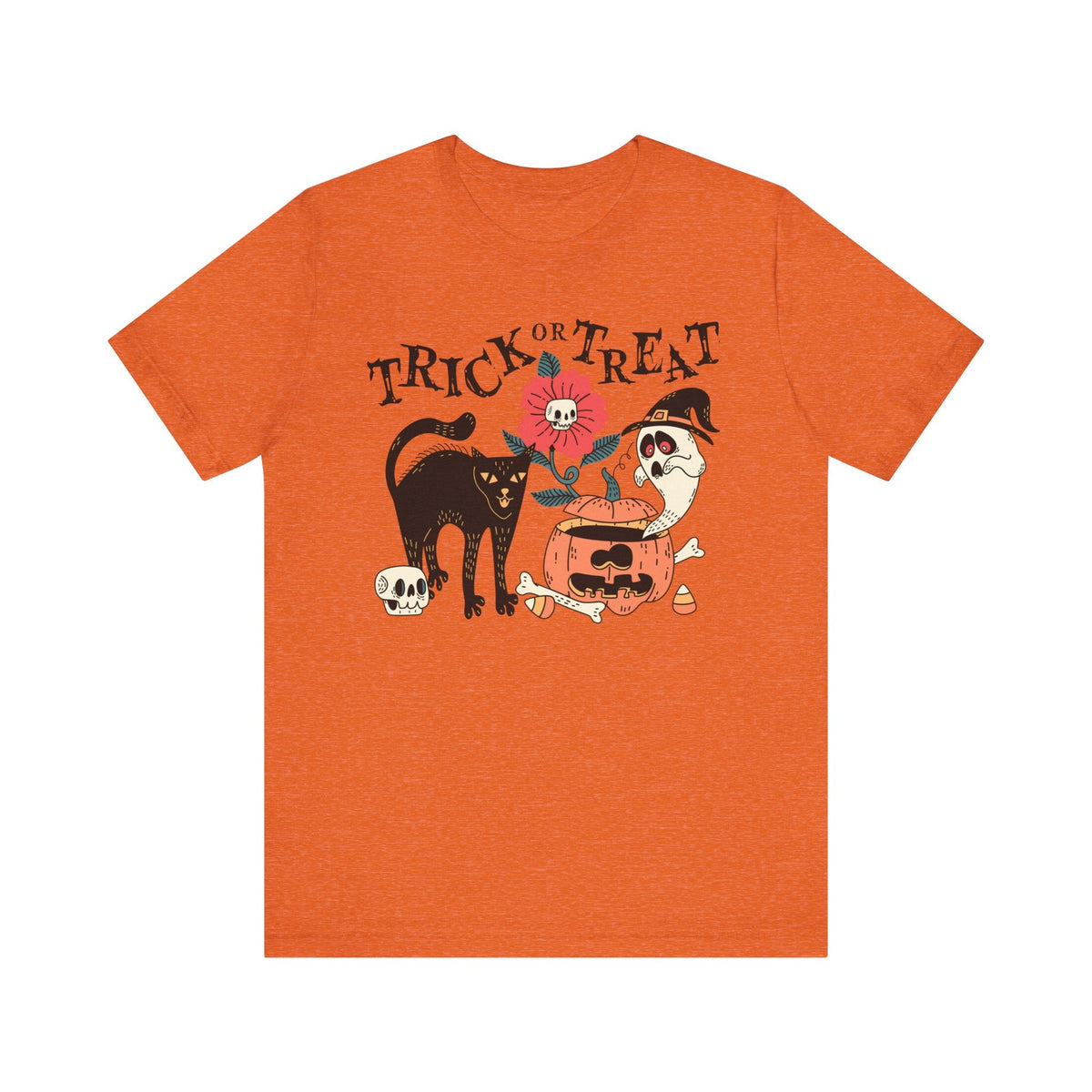 Pumpkin Ghost Cat Halloween Shirt - Spooky Flower & Jack-o'-Lantern Graphic Tee