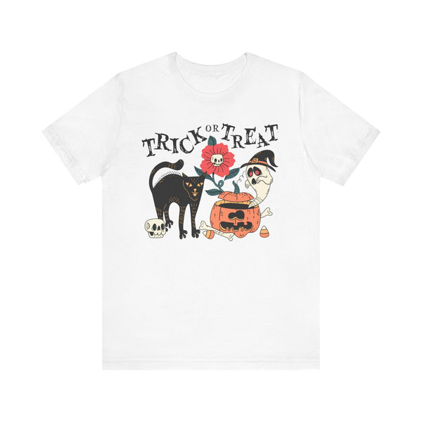 Pumpkin Ghost Cat Halloween Shirt - Spooky Flower & Jack-o'-Lantern Graphic Tee