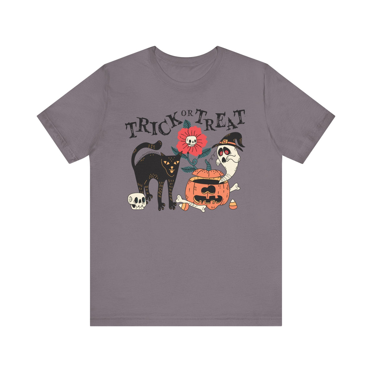 Pumpkin Ghost Cat Halloween Shirt - Spooky Flower & Jack-o'-Lantern Graphic Tee