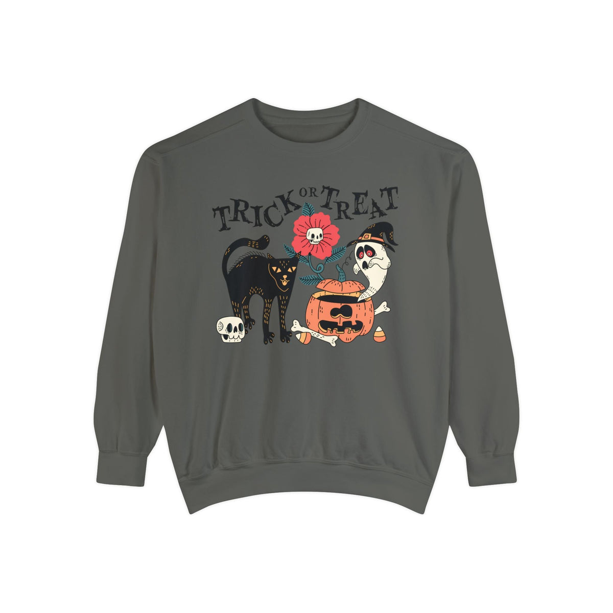 Pumpkin Ghost Cat Halloween Sweatshirt - Spooky Flower & Jack-o'-Lantern Graphic Sweater