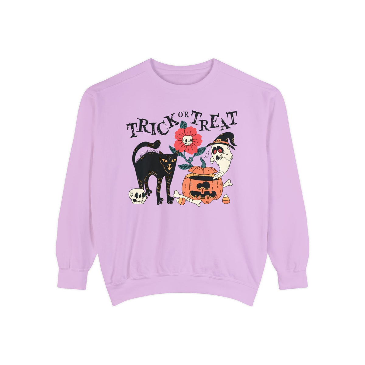 Pumpkin Ghost Cat Halloween Sweatshirt - Spooky Flower & Jack-o'-Lantern Graphic Sweater