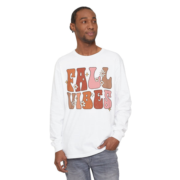 Retro Fall Vibes Long Sleeve T-Shirt - Groovy Autumn Season Graphic Long Sleeve Tee with Floral Accents