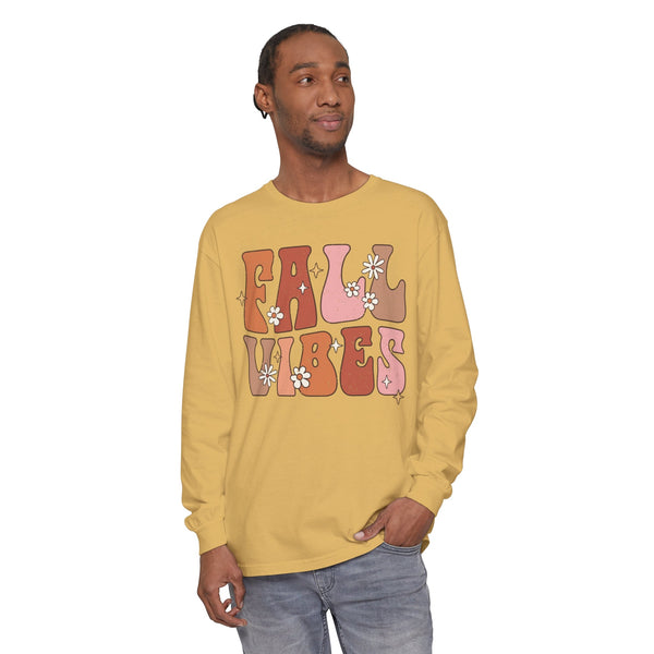 Retro Fall Vibes Long Sleeve T-Shirt - Groovy Autumn Season Graphic Long Sleeve Tee with Floral Accents