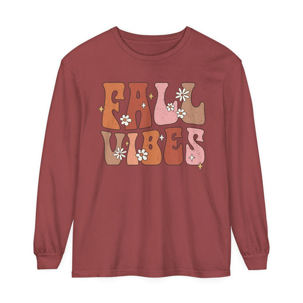 Retro Fall Vibes Long Sleeve T-Shirt - Groovy Autumn Season Graphic Long Sleeve Tee with Floral Accents