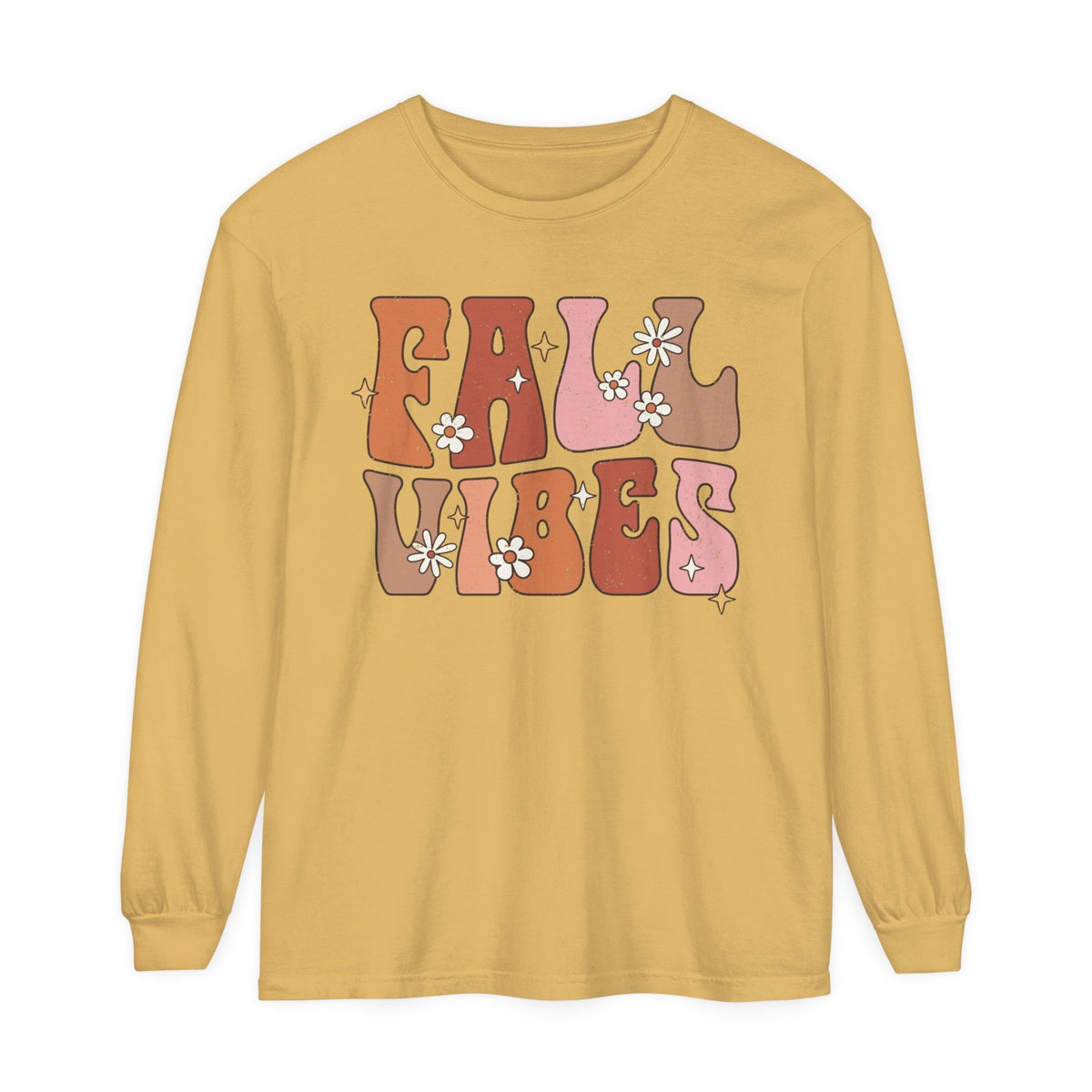 Retro Fall Vibes Long Sleeve T-Shirt - Groovy Autumn Season Graphic Long Sleeve Tee with Floral Accents