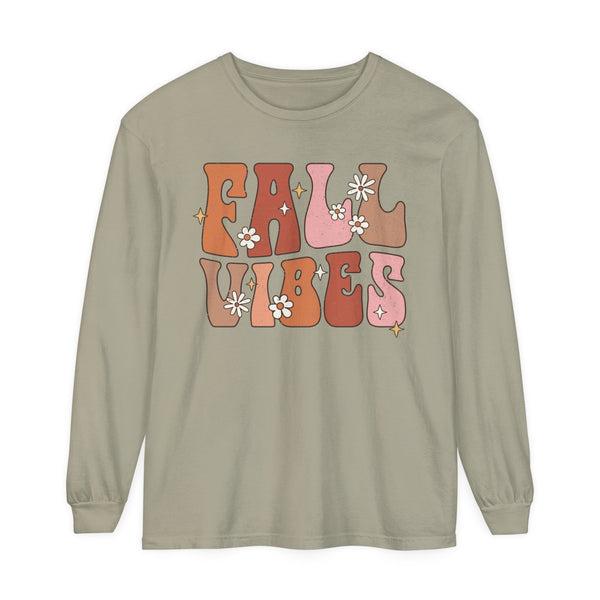 Retro Fall Vibes Long Sleeve T-Shirt - Groovy Autumn Season Graphic Long Sleeve Tee with Floral Accents