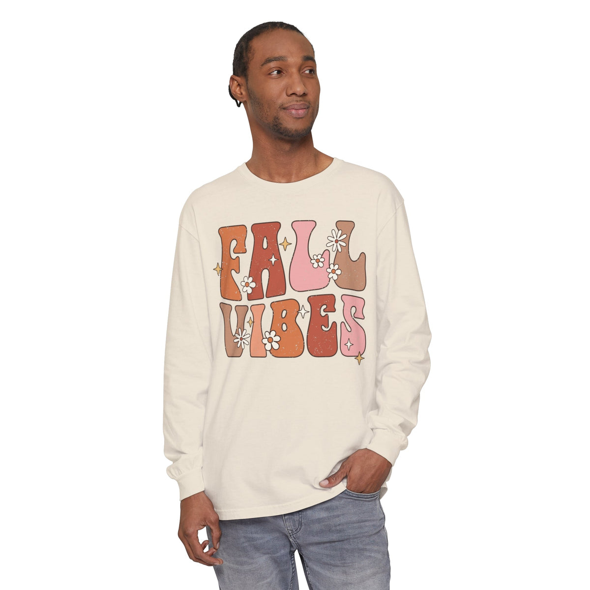 Retro Fall Vibes Long Sleeve T-Shirt - Groovy Autumn Season Graphic Long Sleeve Tee with Floral Accents