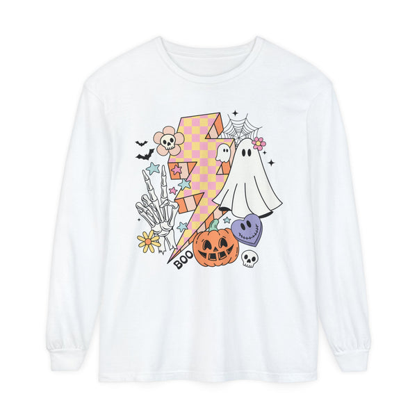 Retro Halloween Lightning Bolt Ghost - Fun Spooky Halloween Long Sleeve T-Shirt