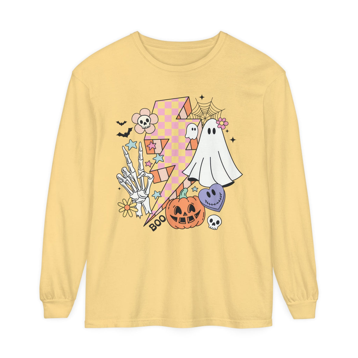 Retro Halloween Lightning Bolt Ghost - Fun Spooky Halloween Long Sleeve T-Shirt