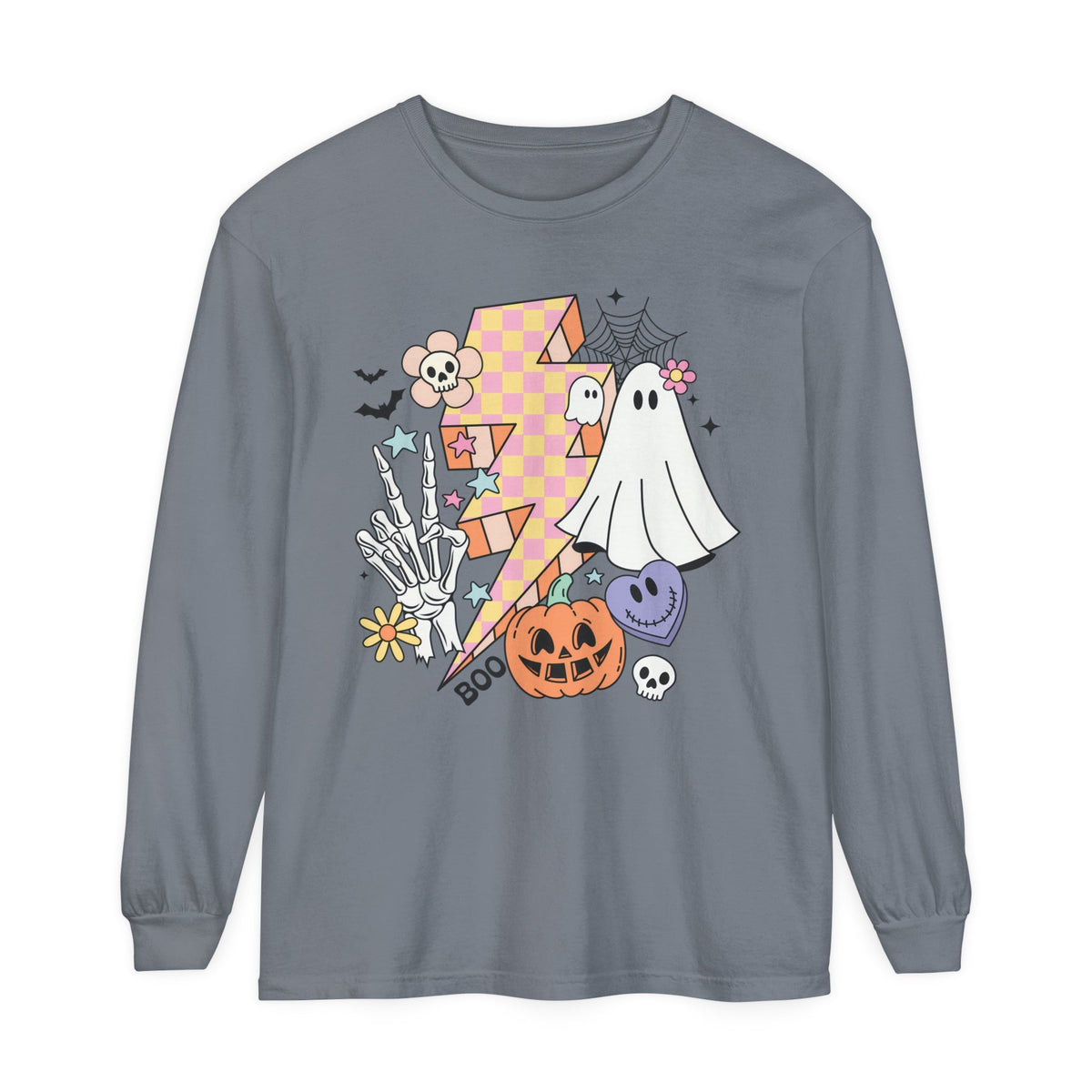 Retro Halloween Lightning Bolt Ghost - Fun Spooky Halloween Long Sleeve T-Shirt