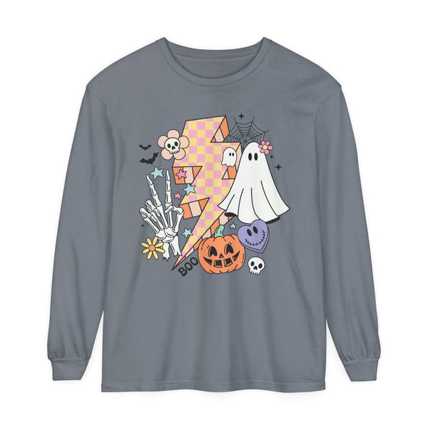 Retro Halloween Lightning Bolt Ghost - Fun Spooky Halloween Long Sleeve T-Shirt