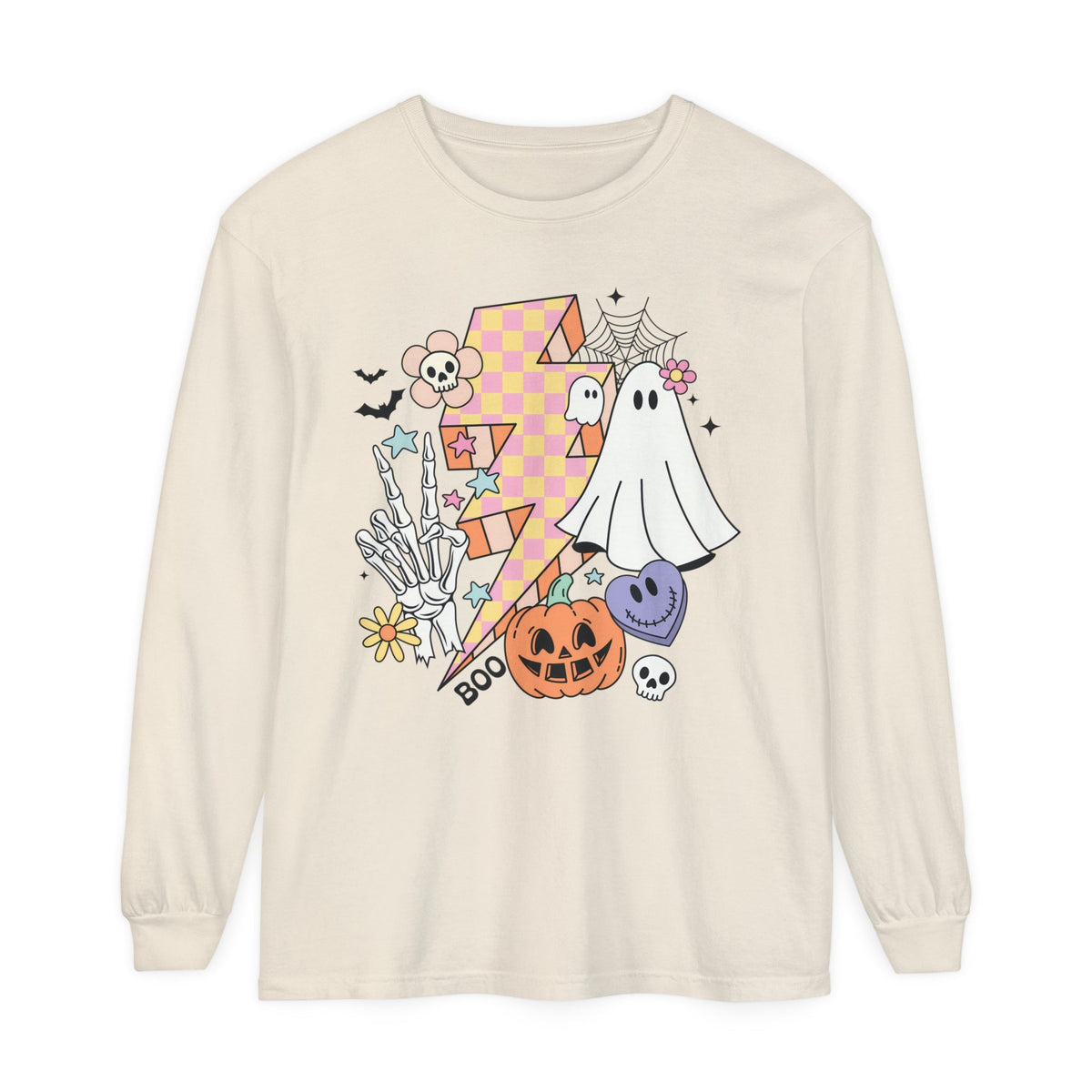 Retro Halloween Lightning Bolt Ghost - Fun Spooky Halloween Long Sleeve T-Shirt