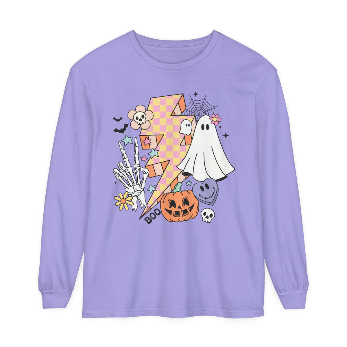 Retro Halloween Lightning Bolt Ghost - Fun Spooky Halloween Long Sleeve T-Shirt