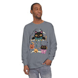 Ribbon Play Halloween Long Sleeve T-Shirt - Playful Black Cats with Bows Graphic Tee