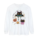 Ribbon Play Halloween Long Sleeve T-Shirt - Playful Black Cats with Bows Graphic Tee