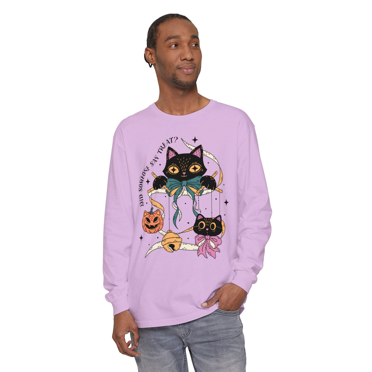 Ribbon Play Halloween Long Sleeve T-Shirt - Playful Black Cats with Bows Graphic Tee