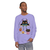 Ribbon Play Halloween Long Sleeve T-Shirt - Playful Black Cats with Bows Graphic Tee