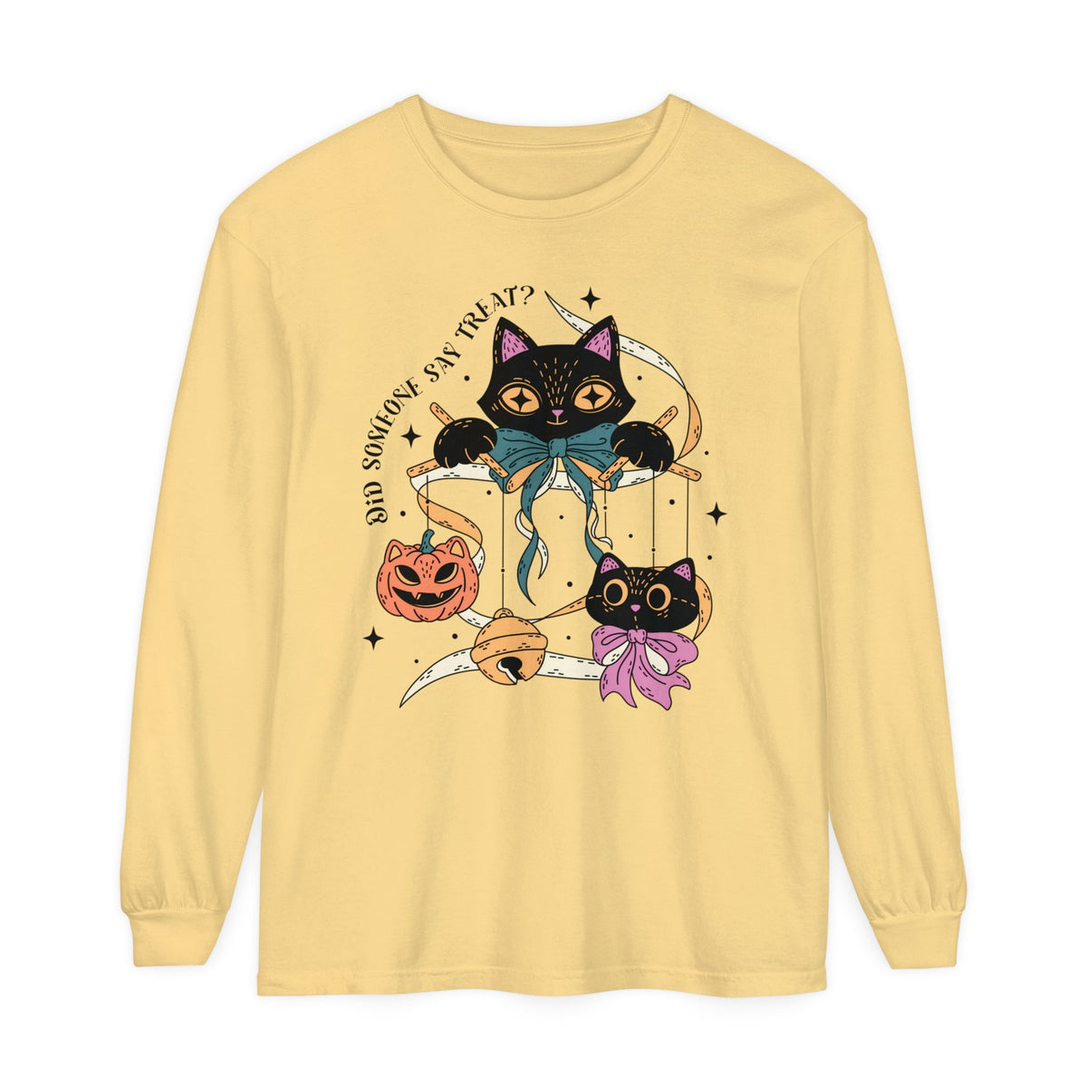 Ribbon Play Halloween Long Sleeve T-Shirt - Playful Black Cats with Bows Graphic Tee