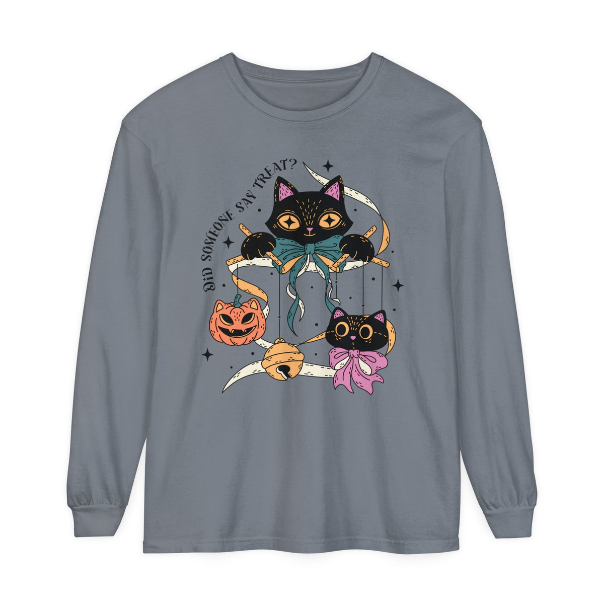 Ribbon Play Halloween Long Sleeve T-Shirt - Playful Black Cats with Bows Graphic Tee