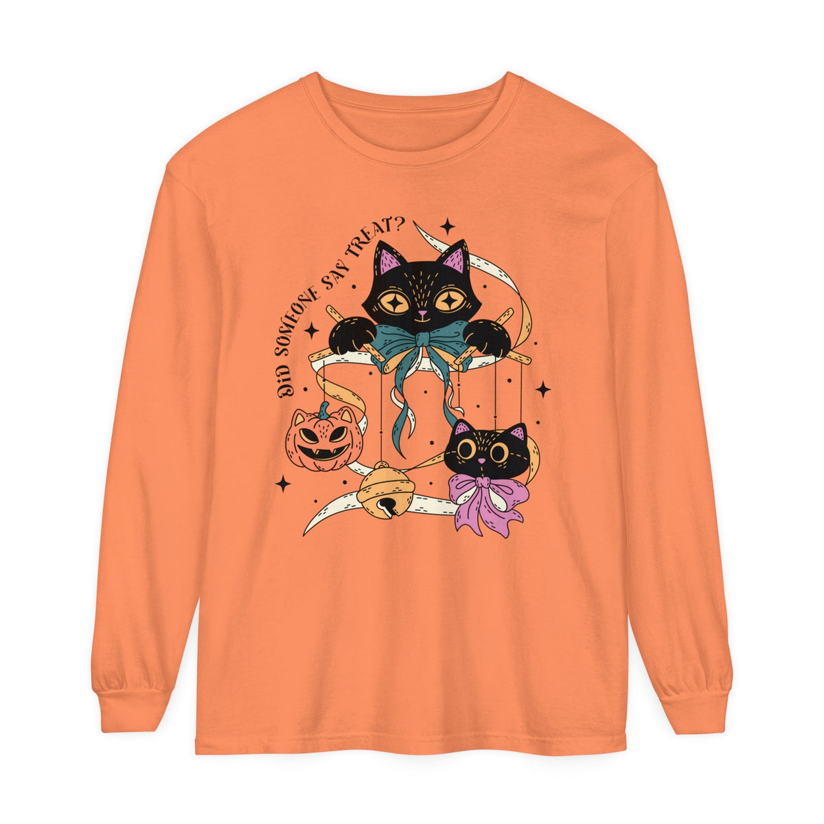 Ribbon Play Halloween Long Sleeve T-Shirt - Playful Black Cats with Bows Graphic Tee