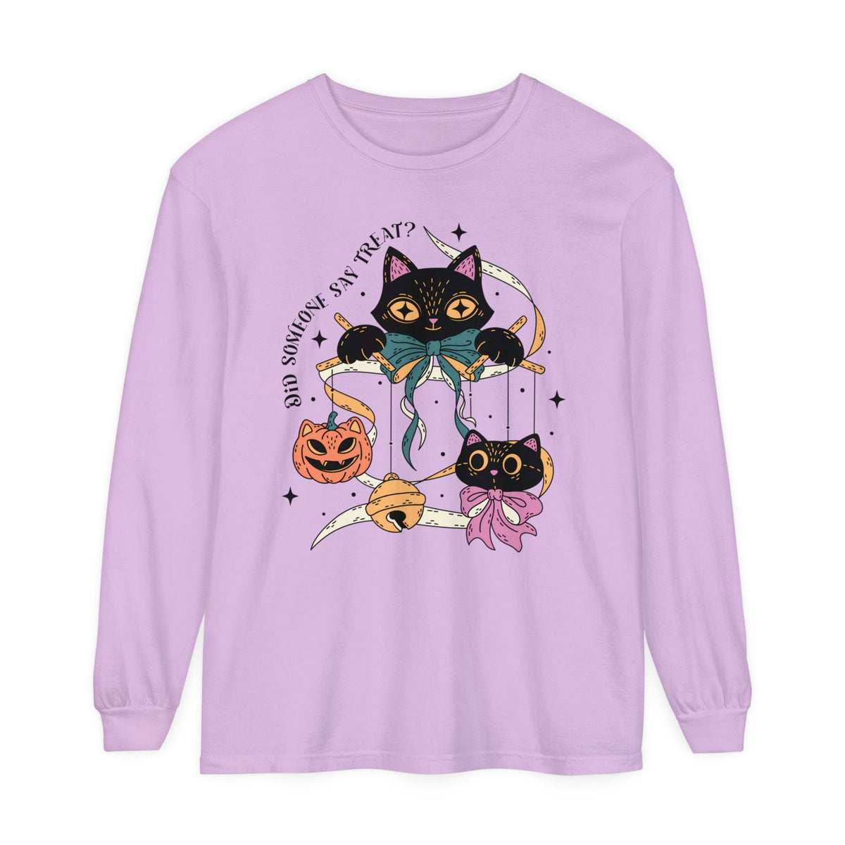 Ribbon Play Halloween Long Sleeve T-Shirt - Playful Black Cats with Bows Graphic Tee