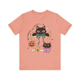 Ribbon Play Halloween Shirt - Playful Black Cats with Bows Graphic Tee