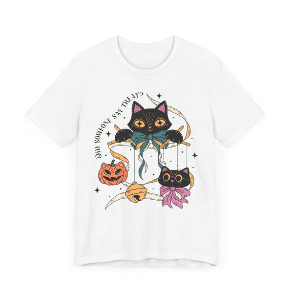 Ribbon Play Halloween Shirt - Playful Black Cats with Bows Graphic Tee