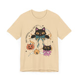 Ribbon Play Halloween Shirt - Playful Black Cats with Bows Graphic Tee