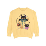 Ribbon Play Halloween Sweatshirt - Playful Black Cats with Bows Graphic Sweater