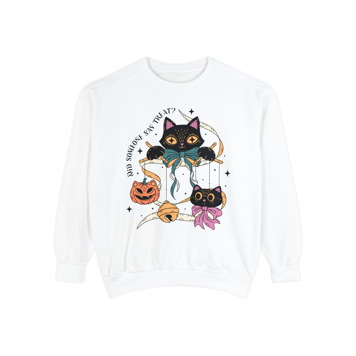 Ribbon Play Halloween Sweatshirt - Playful Black Cats with Bows Graphic Sweater