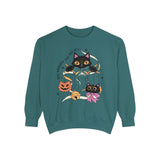 Ribbon Play Halloween Sweatshirt - Playful Black Cats with Bows Graphic Sweater