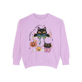 Ribbon Play Halloween Sweatshirt - Playful Black Cats with Bows Graphic Sweater