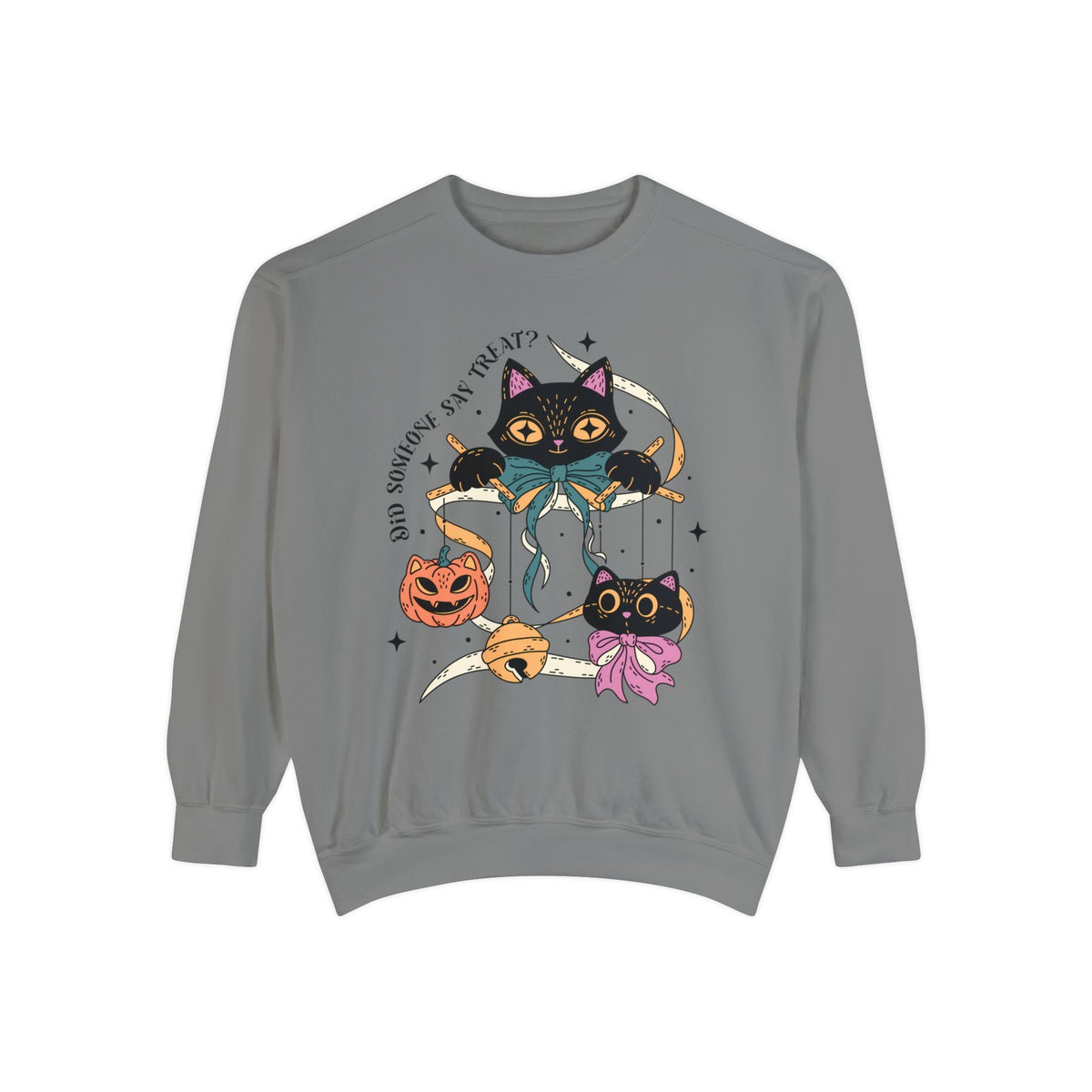 Ribbon Play Halloween Sweatshirt - Playful Black Cats with Bows Graphic Sweater