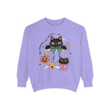 Ribbon Play Halloween Sweatshirt - Playful Black Cats with Bows Graphic Sweater