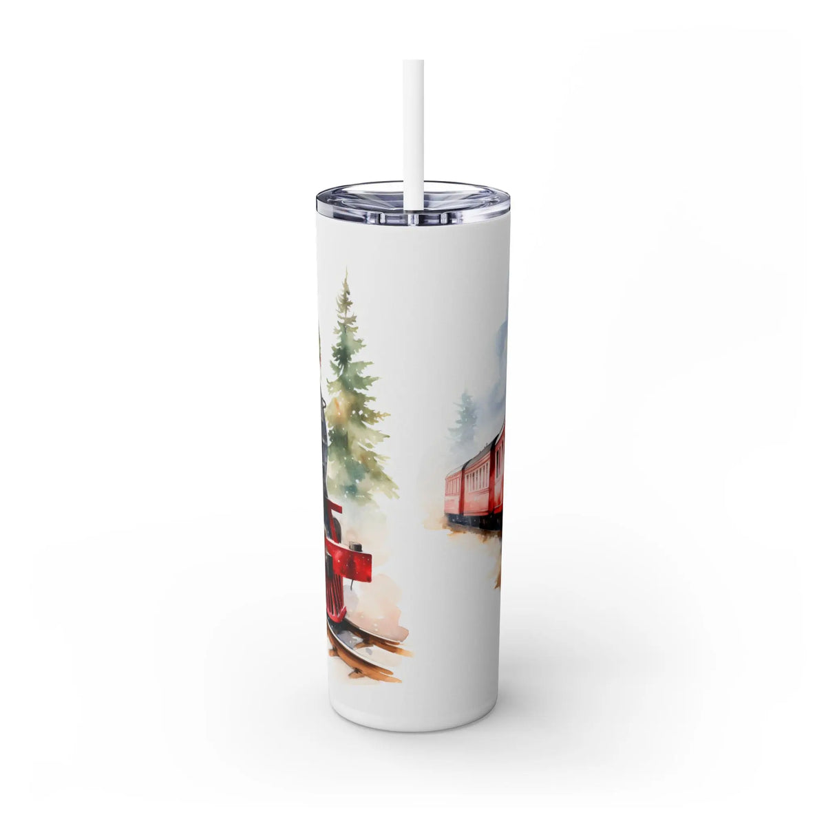 Santa on Vintage Train Christmas Tumbler 20oz Skinny for Travelers by Printify