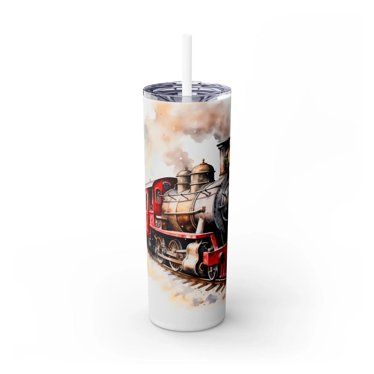 Santa on Vintage Train Christmas Tumbler 20oz Skinny for Travelers by Printify