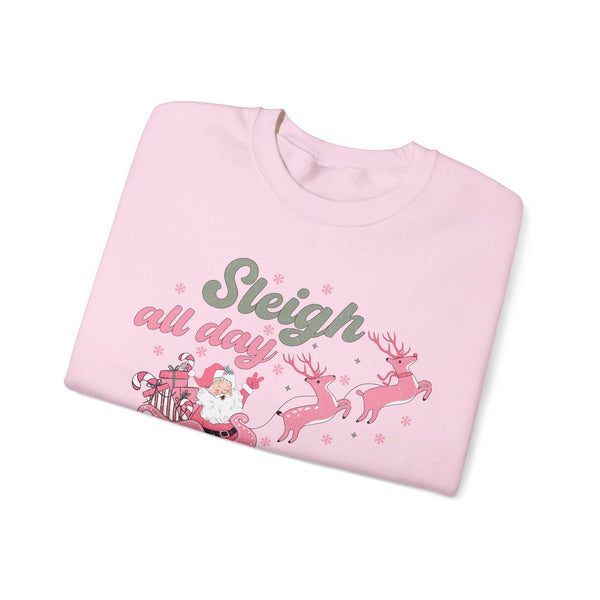 Sleigh All Day Crewneck Sweatshirt - Fun Santa in Sleigh Christmas Sweater - Christmas Spirit