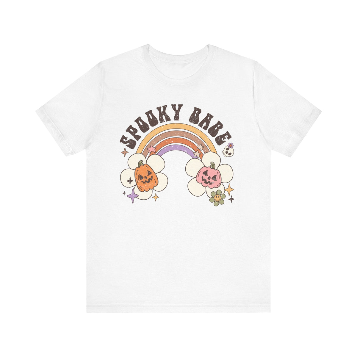 Spooky Babe Halloween Shirt - Retro Rainbow and Pumpkins Graphic Tee