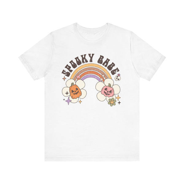 Spooky Babe Halloween Shirt - Retro Rainbow and Pumpkins Graphic Tee