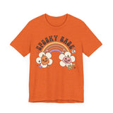 Spooky Babe Halloween Shirt - Retro Rainbow and Pumpkins Graphic Tee